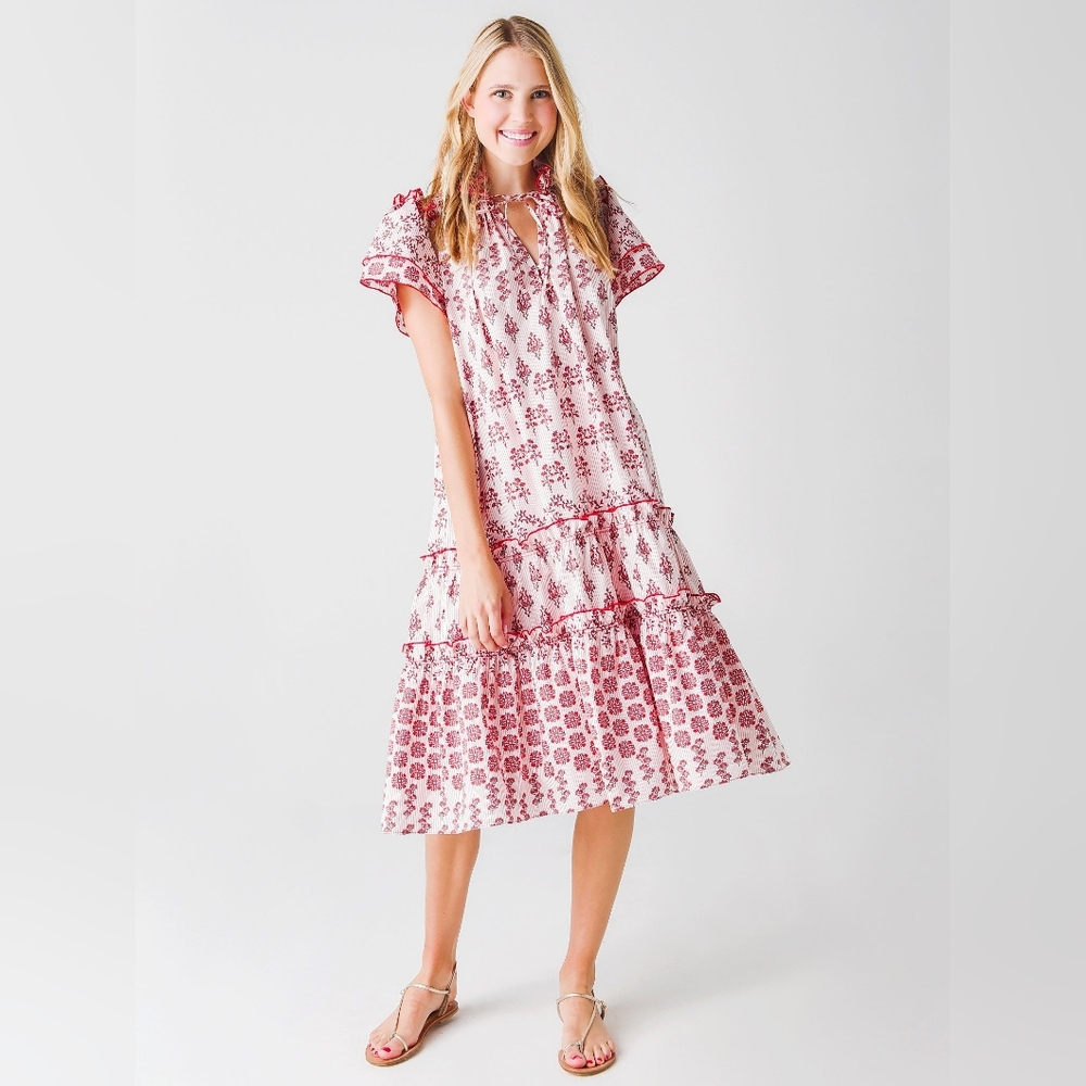HUNTER BELL Red and White Printed Tiered Midi Dress